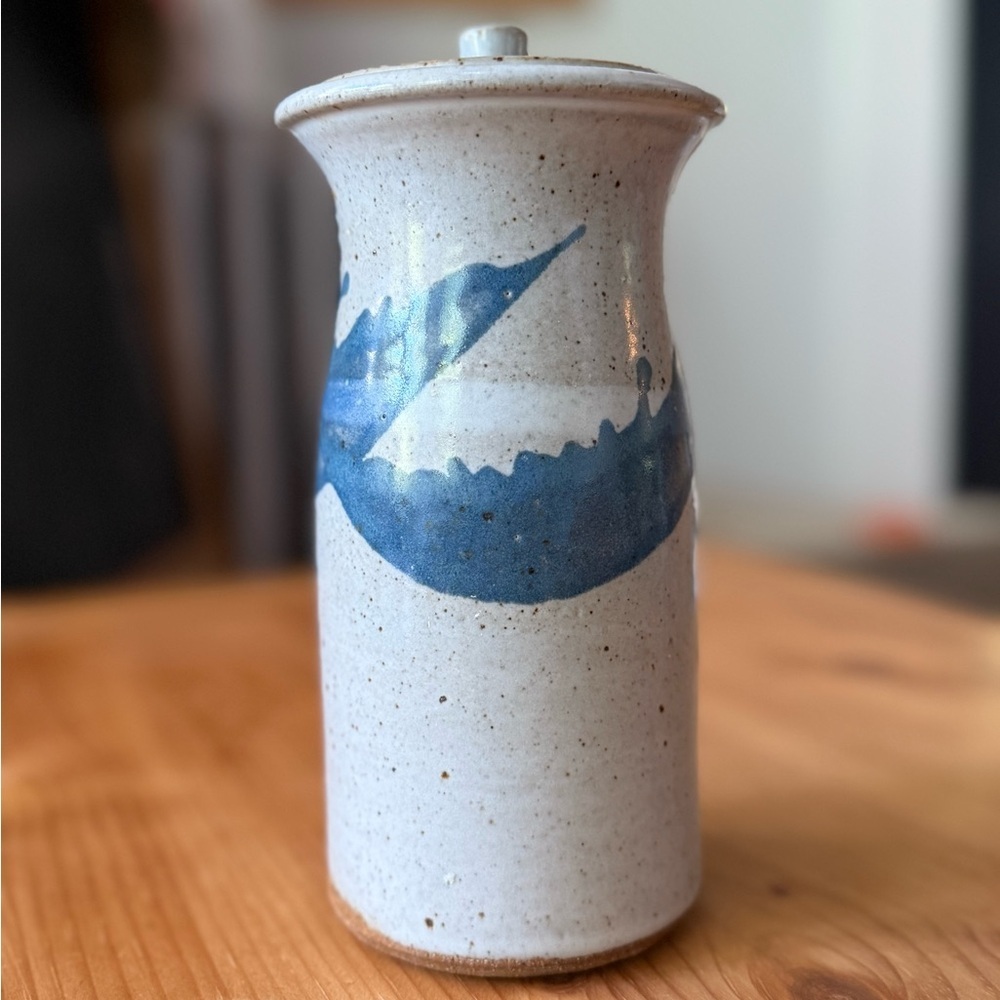 Handcrafted studio pottery with lid blue splash wave design